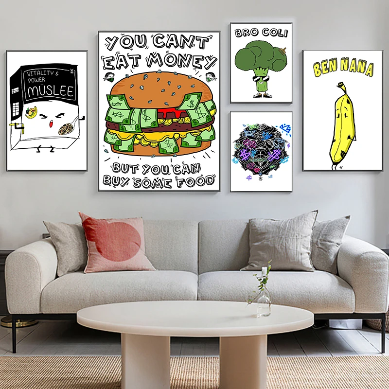 Funny Street Graffiti Poster Food Fruit Boy Money Bitcon Billionär Pop Art Canvas Painting Home Living Room Wall Decor Picture