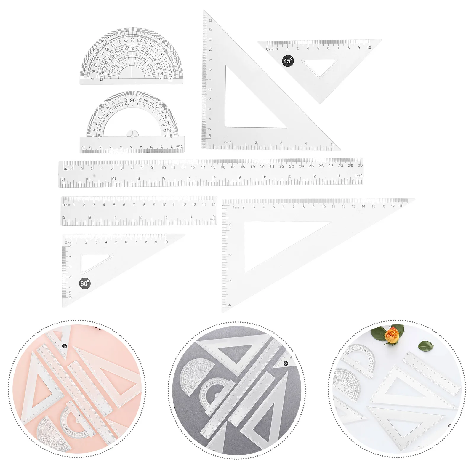 8 Pcs Triangle Ruler Set (15cm+30cm) Mathematical Clear Plastic Rulers Plant Drafting