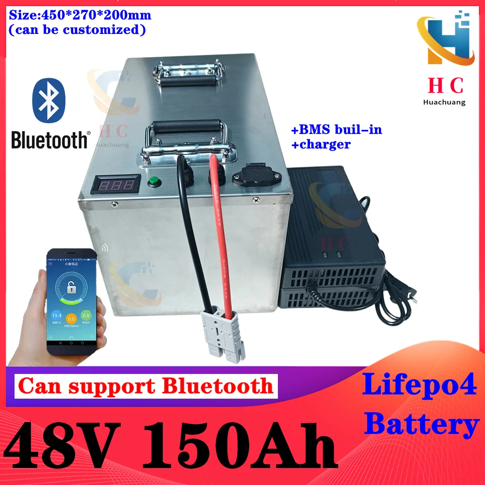 

waterproof Lifepo4 48v 150AH battery bluetooth BMS for 4800w Scooter bike golf cart Solar energy + 10A charger