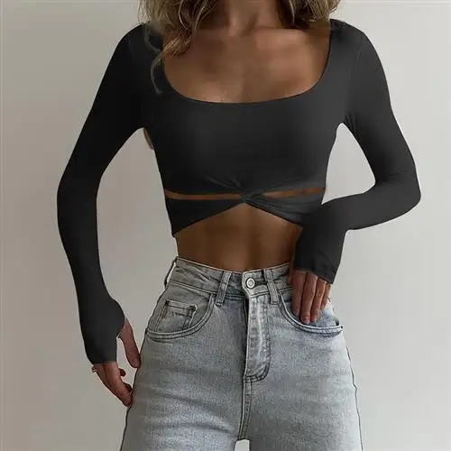 Casual Longsved Tirt Women's Crop Top Spring 2023 round Ne ort Sve Slim Fit Pure Color Splice Long Sve Tirt