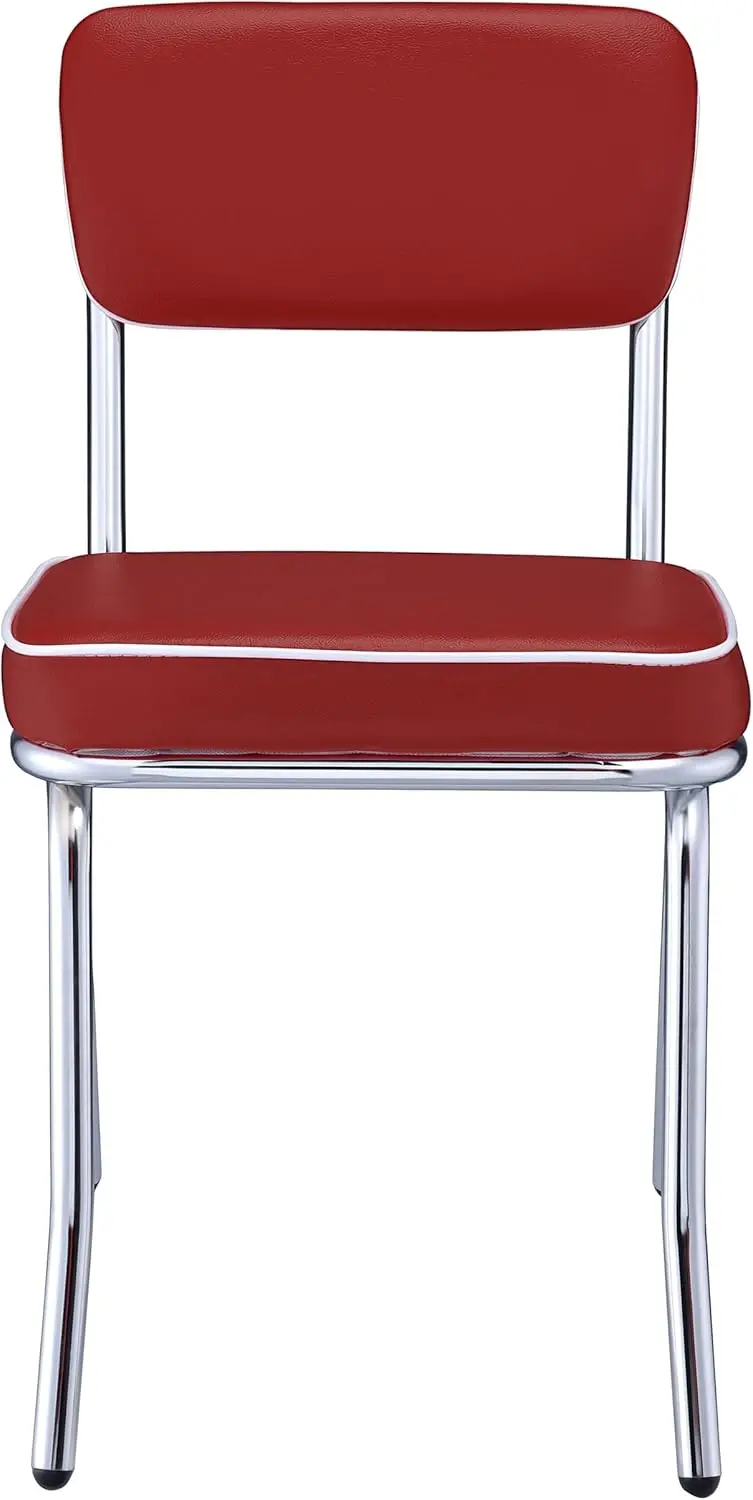 Retro Set Van 2 Open Rug Eetkamerstoelen Faux Leder Gestoffeerde Rug En Gewatteerd Zitkussen Stevig Stalen Frame Rood