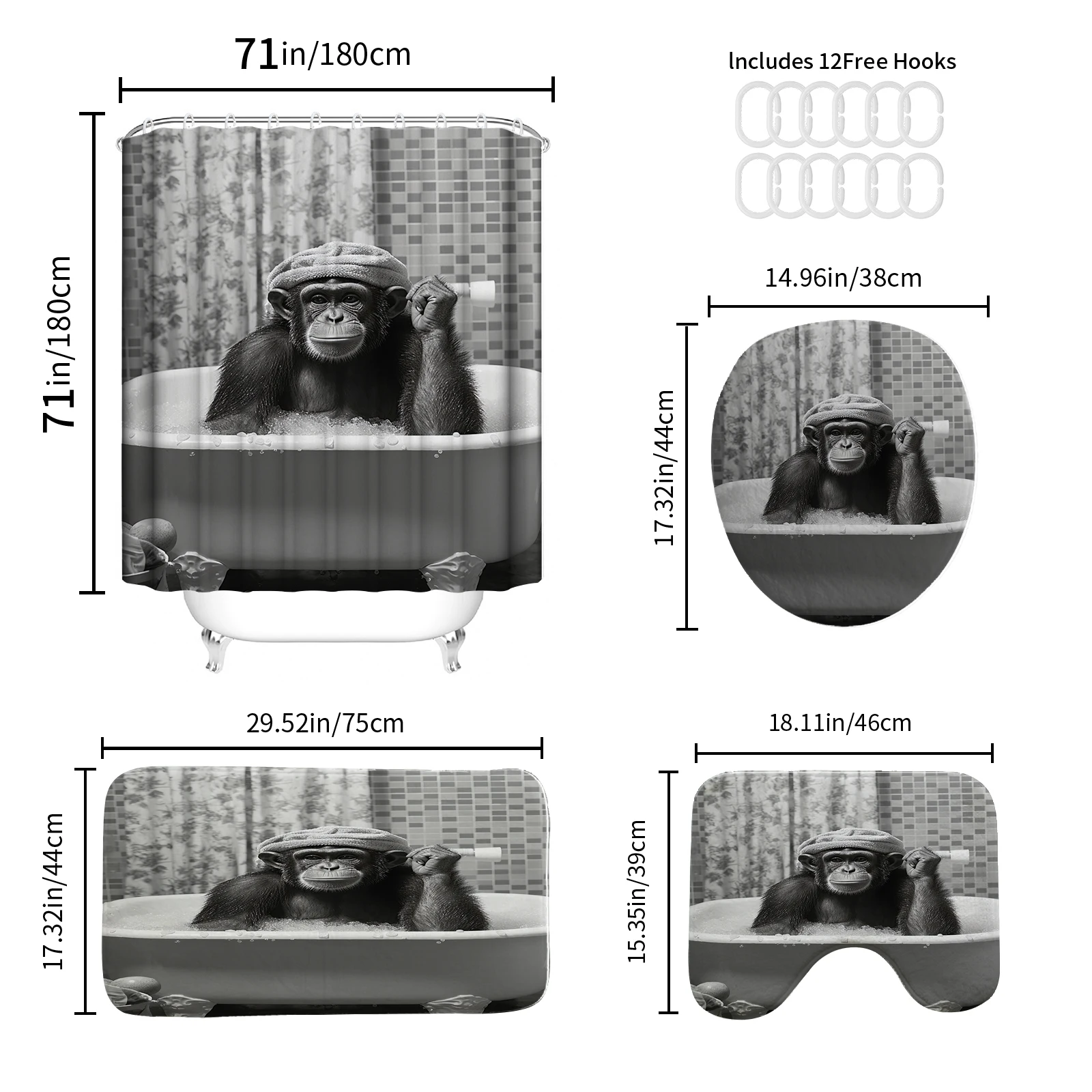 Gorilla print shower curtain polyester minimalist home décor bathroom curtain with hook