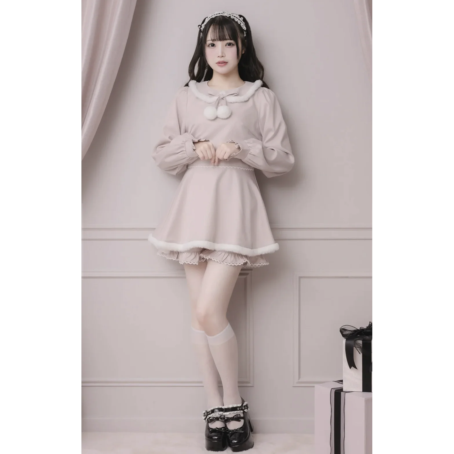 Japanese Style Elegant Sweet Plush Doll Collar Lace-up Bow Long Sleeve Lolita Mini Dress High Waist Shorts Two-Piece Set Women