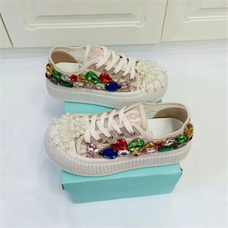 

Handcrafted gemstone rhinestone tassel beaded canvas shoes Wedding party breathable casual women's shoes 35-40