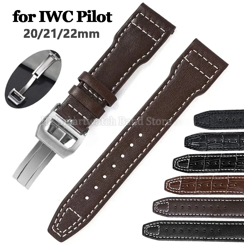 Genuine Leather Watch Strap for IWC Pilot Mark 327004/377714 Waterproof Cowhide WristBand Folding Buckle Bracelet 20mm 21mm 22mm