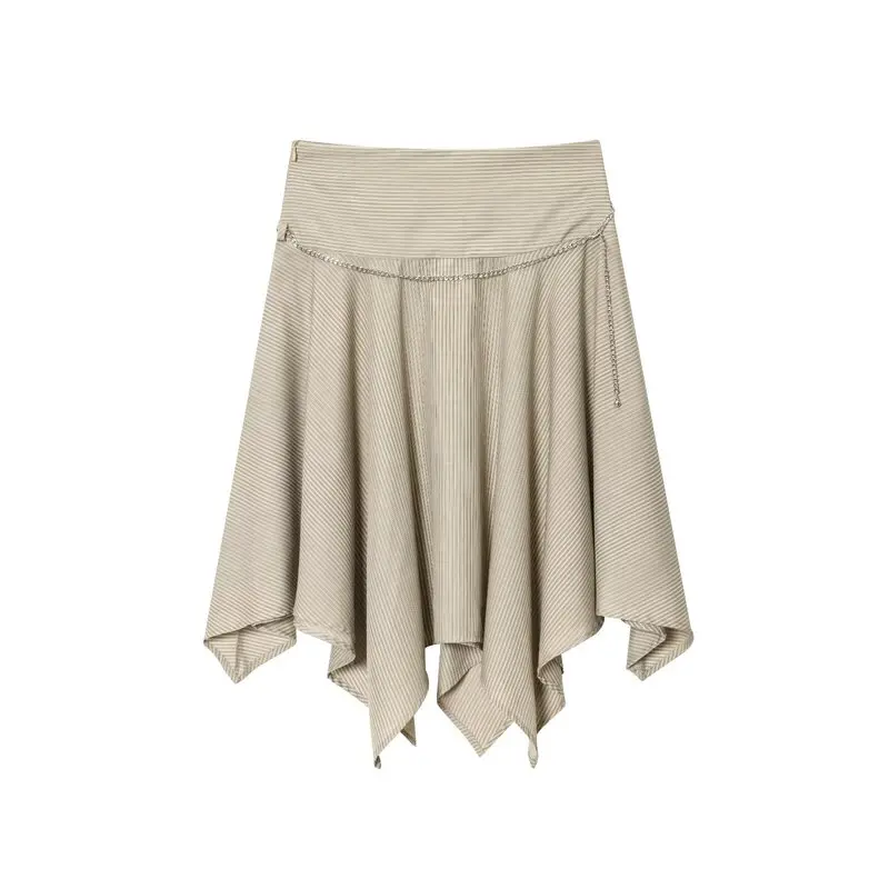 Summer 2025 New Asymmetric Midi Skirt Women's Fashion Stripe Belted Half-length Skirts Casual Style Loose Fit Midi Series