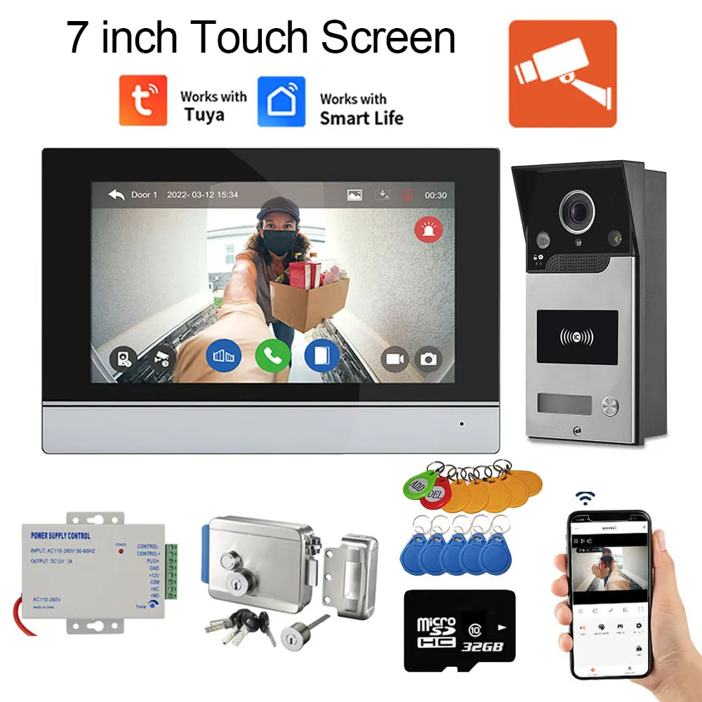 New Wifi Tuya 7 Inch Touch Screen Video Intercom Doorbell Camer Smart APP Home With RFID Electric Lock Access Control System