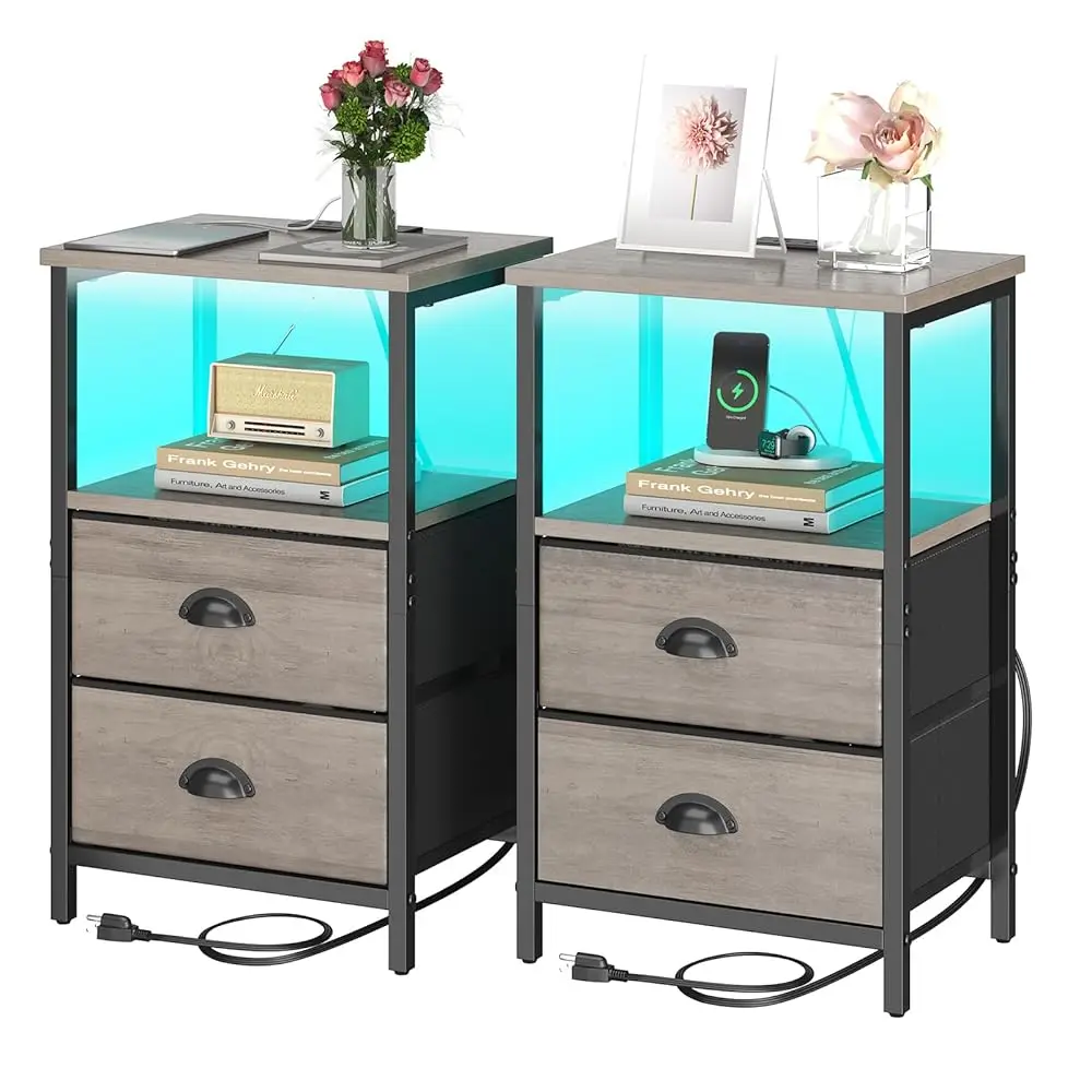 

Nightstand With Charging Station, Led Night Stand Set Of 2, Bedside Table End Table With Drawer, Bedroom Tables With 2 Fabric