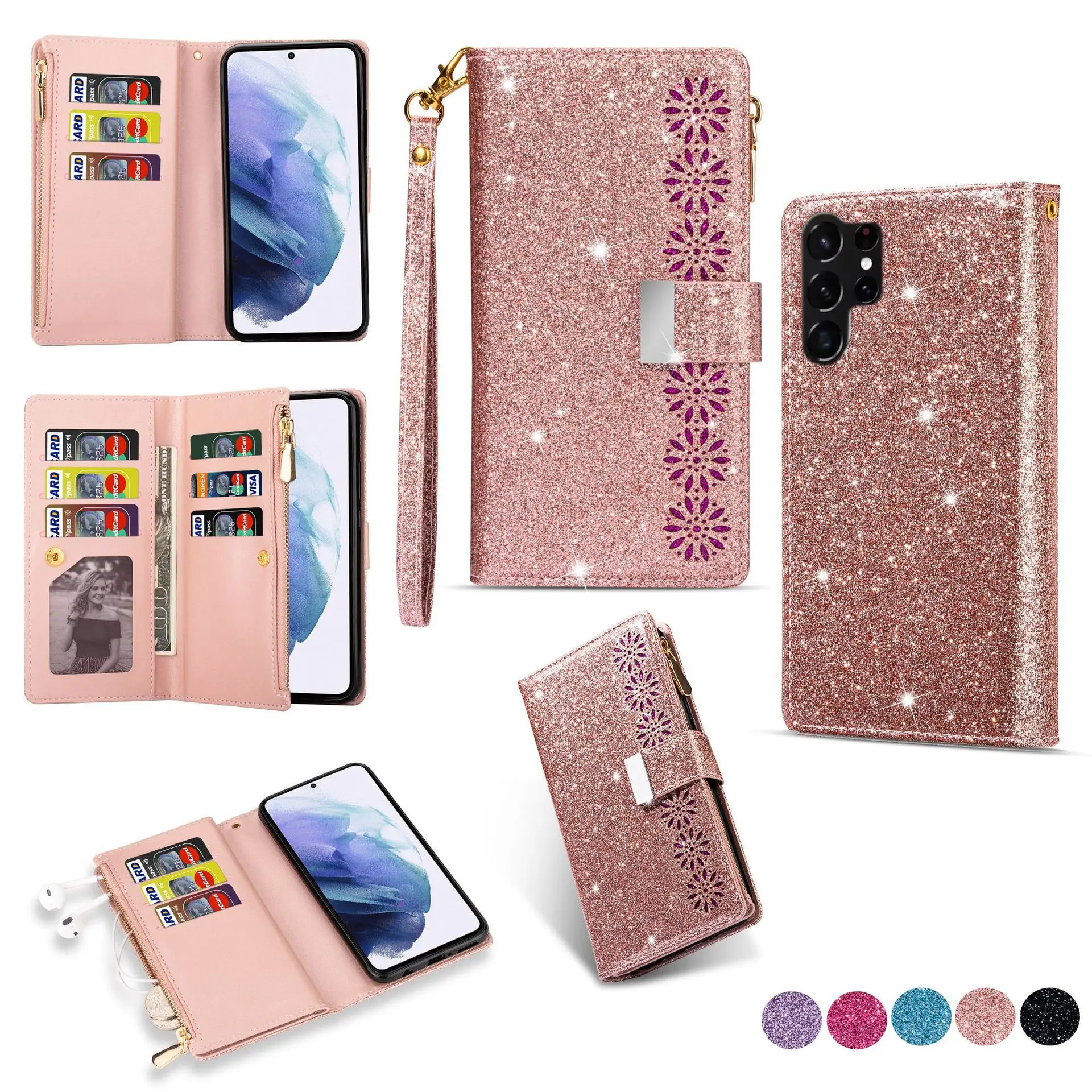 

Wrist Strap Zipper Flip Case For Xiaomi POCO C65 C55 F5 X5 X4 M6 M5S M5 M4 M3 Multi 9 Cards Glitter Leather Lanyard Wallet Cover