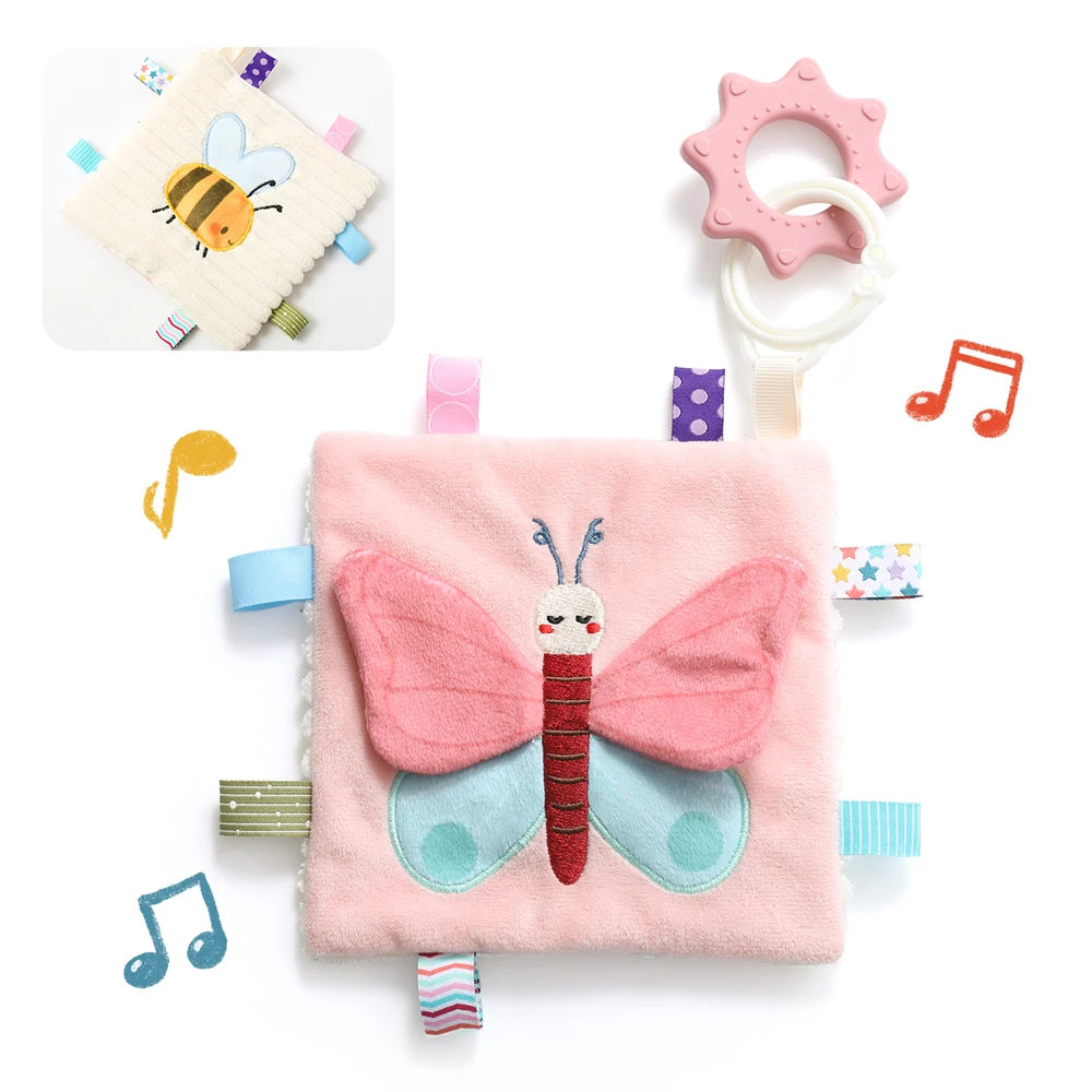Baby Security Blanket Soft Cotton Lovey Butterfly Baby Teether Towel Detachable Silicone Teether Dual Sided Baby Teether Toys