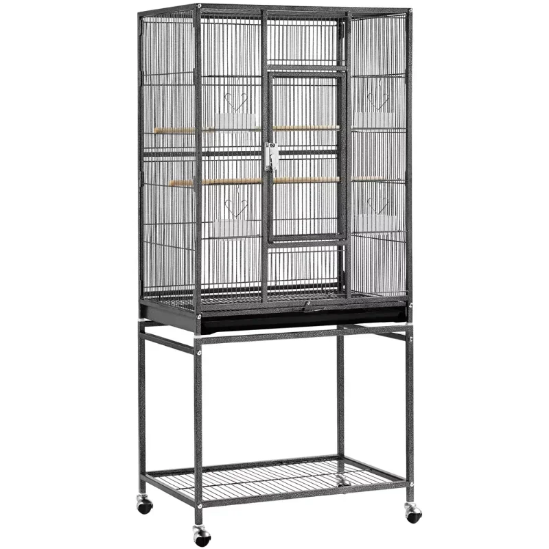 

Easyfashion 53.7'' Metal Rolling Bird Cage with Stand, 4 Feeding Bowls, and 2 Perches, Black