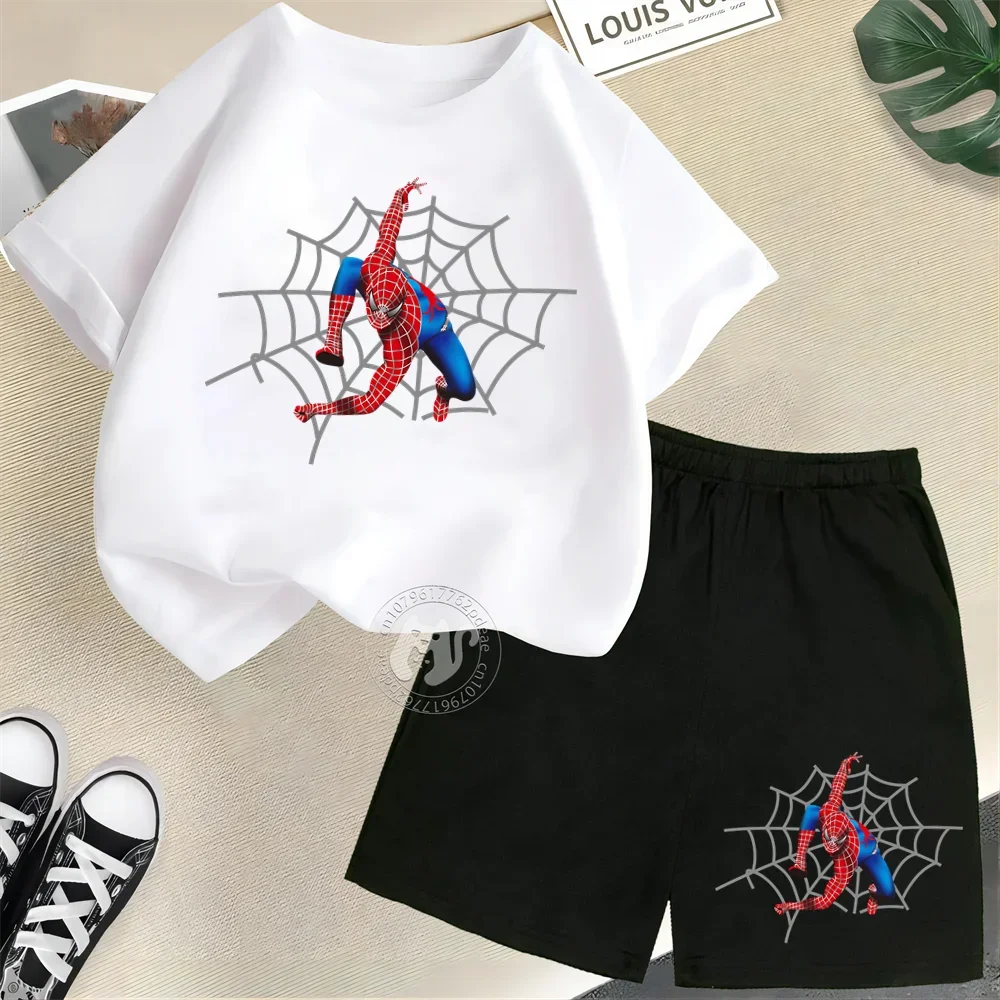 Simple creative Spiderman Spider Web Print Summer Kids 100% cotton short sleeve T-shirt + Shorts Boys Girls Street casual suit