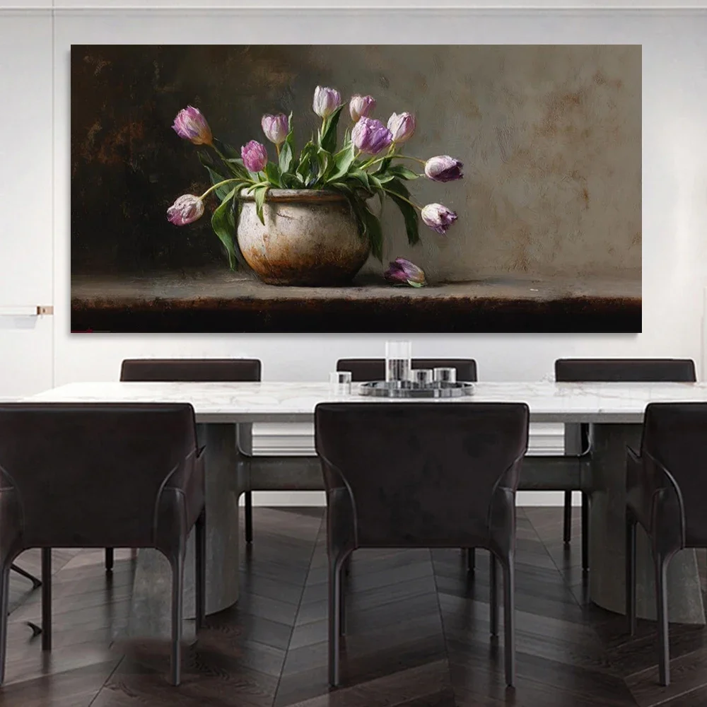 Purple Tulip Brown Earthenware Jar Poster and Prints Canvas Painting Wall Art Picture for LivingRoom Home Decor Cuadros No Frame