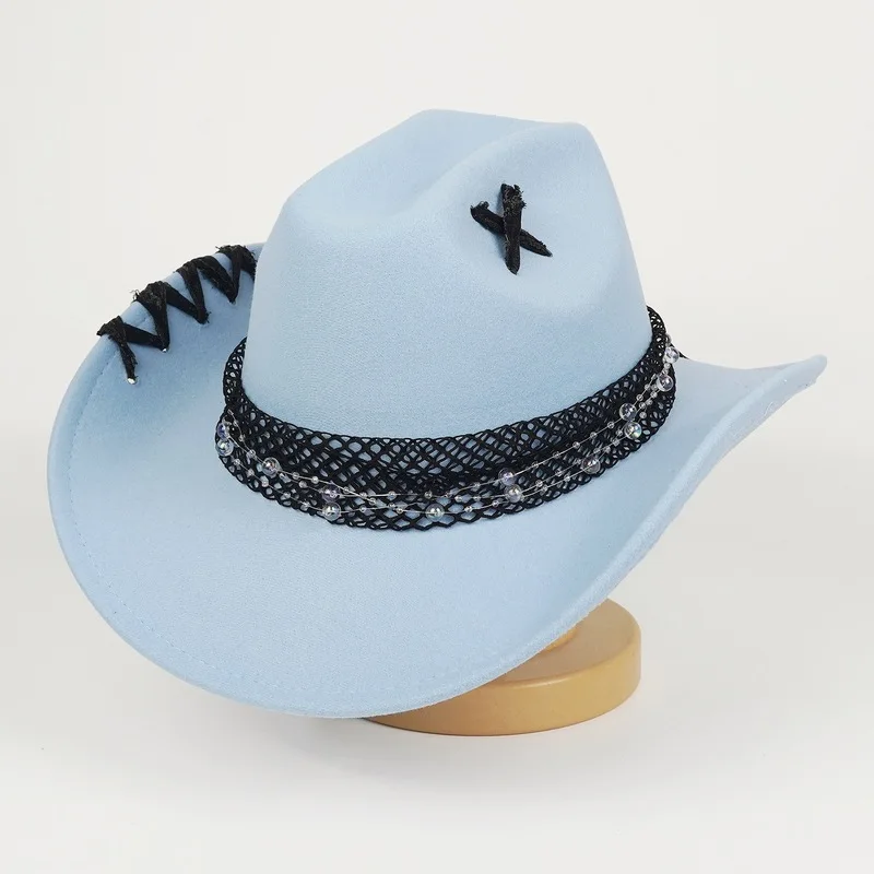 New retro western cowboy , felt stiff hat, girly style with turquoise feather decoration for sun protection