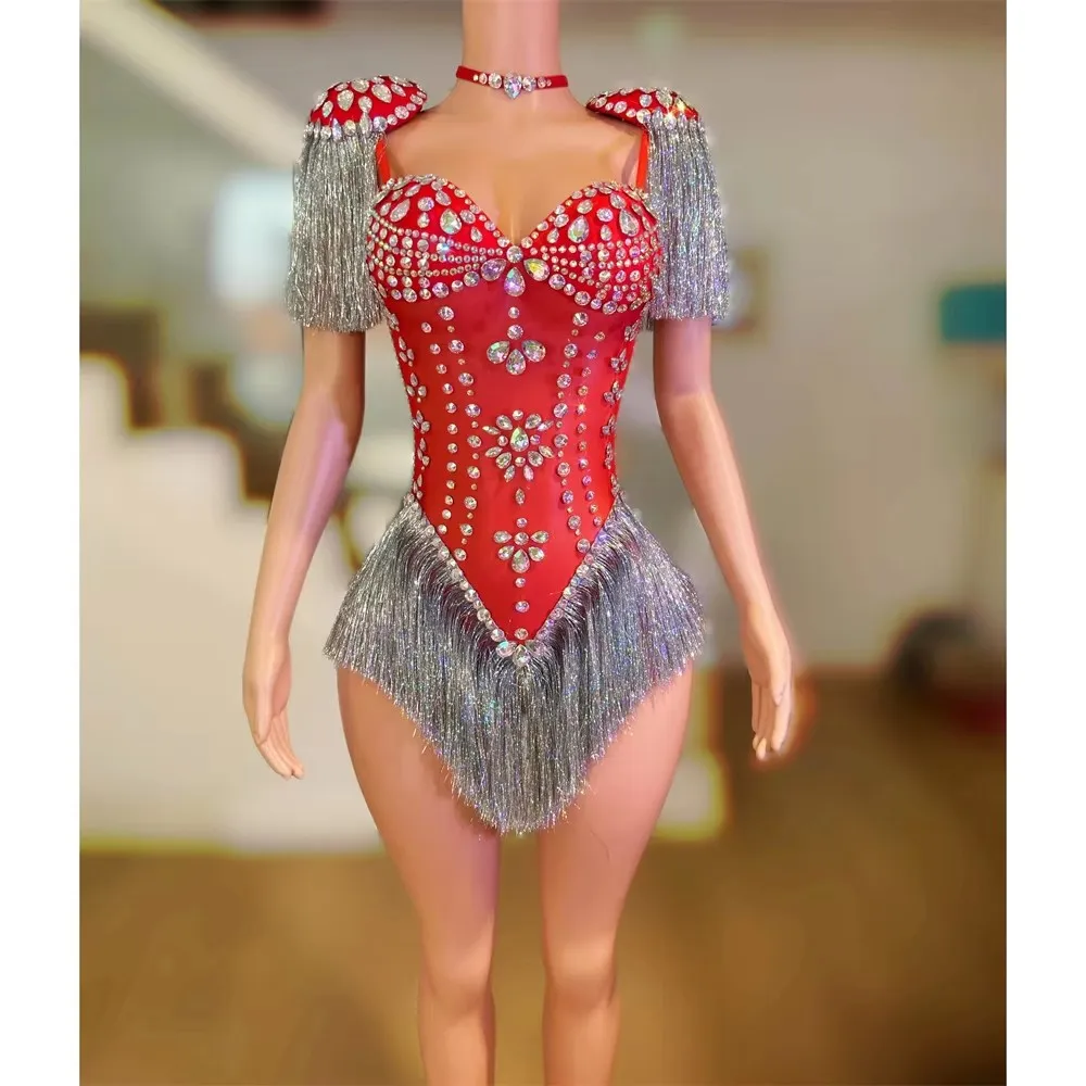 Body con nappe con strass rossi Donna Bar sexy Discoteca Abbigliamento da palcoscenico Abiti da performance jazz Drag Queen Costume Show Ballerino Team