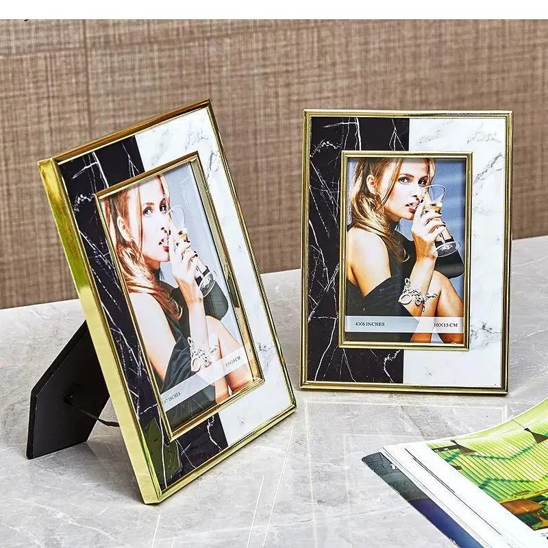 Black and White Marbled Home Living Room Bedroom Photo Frame Nordic Light Luxury Gold 6 Inch 7 Metal