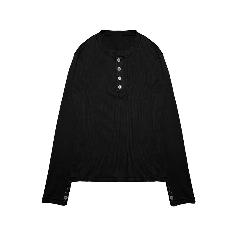 2026 Autumn Unisex Grunge Vintage Henley Shirt Ribbed Slim Fit Long Sleeve Top Button Cuff Streetwear Casual Base Layer T-shirt