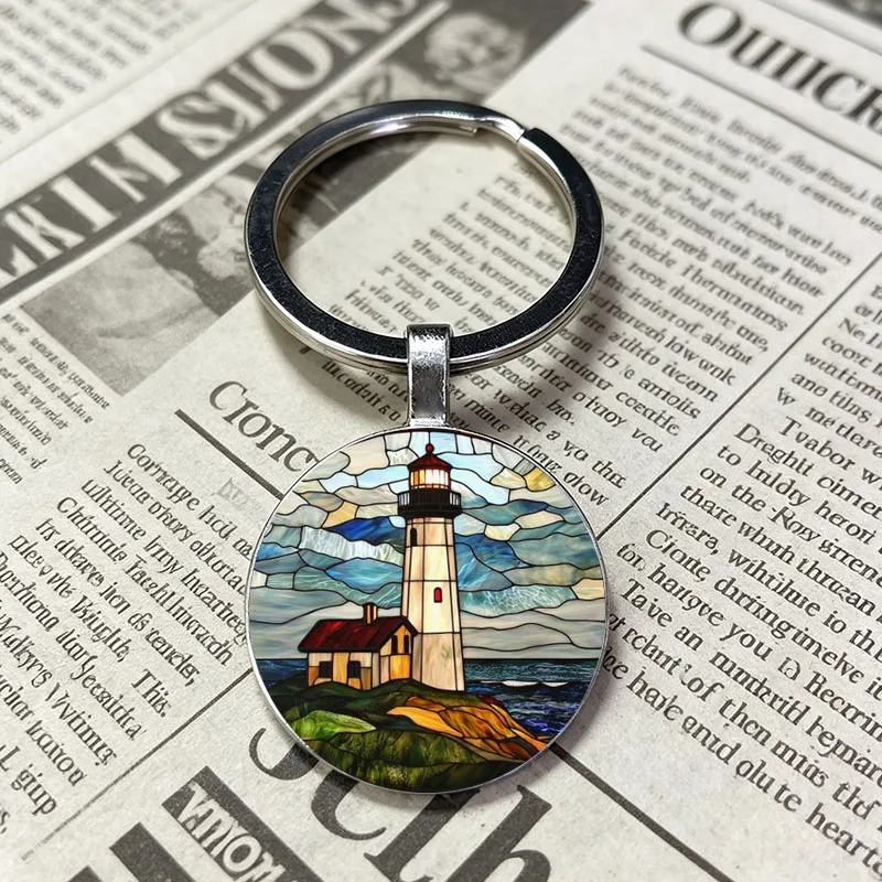 New Colorful Stained Glass Effect Keychain, Multi Pattern Round Glass Key Fob, Portable Car Key Backpack Decor Ornament Gift