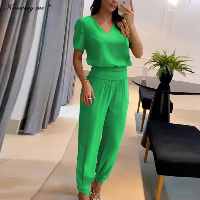 

Office Lady High Waist tracksuit set Women Summer short sleeve Pullover Top &Long Slim Pants 2pcs Set Female Casual outfit Suit