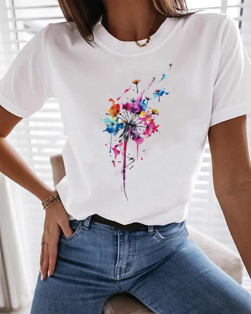 Women\'s T shirt Tee Cotton 100% Cotton Dandelion Holiday Weekend Print Short Sleeve Basic Round Neck Regular Fit