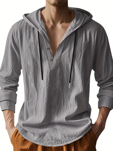 Imagen 1 del producto Camisa Henley con capucha de lino ligero para hombre, informal, de manga larga, con botones y cordón, color sólido