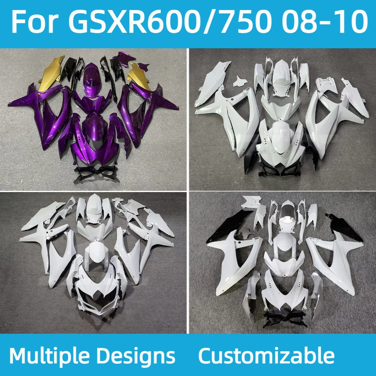 GSXR600 GSXR750 2008 2009 2010 White Motorcycle Accessories Fairings for GSXR 600 750 08 09 10 Sportbike Body Set Fairing Kit