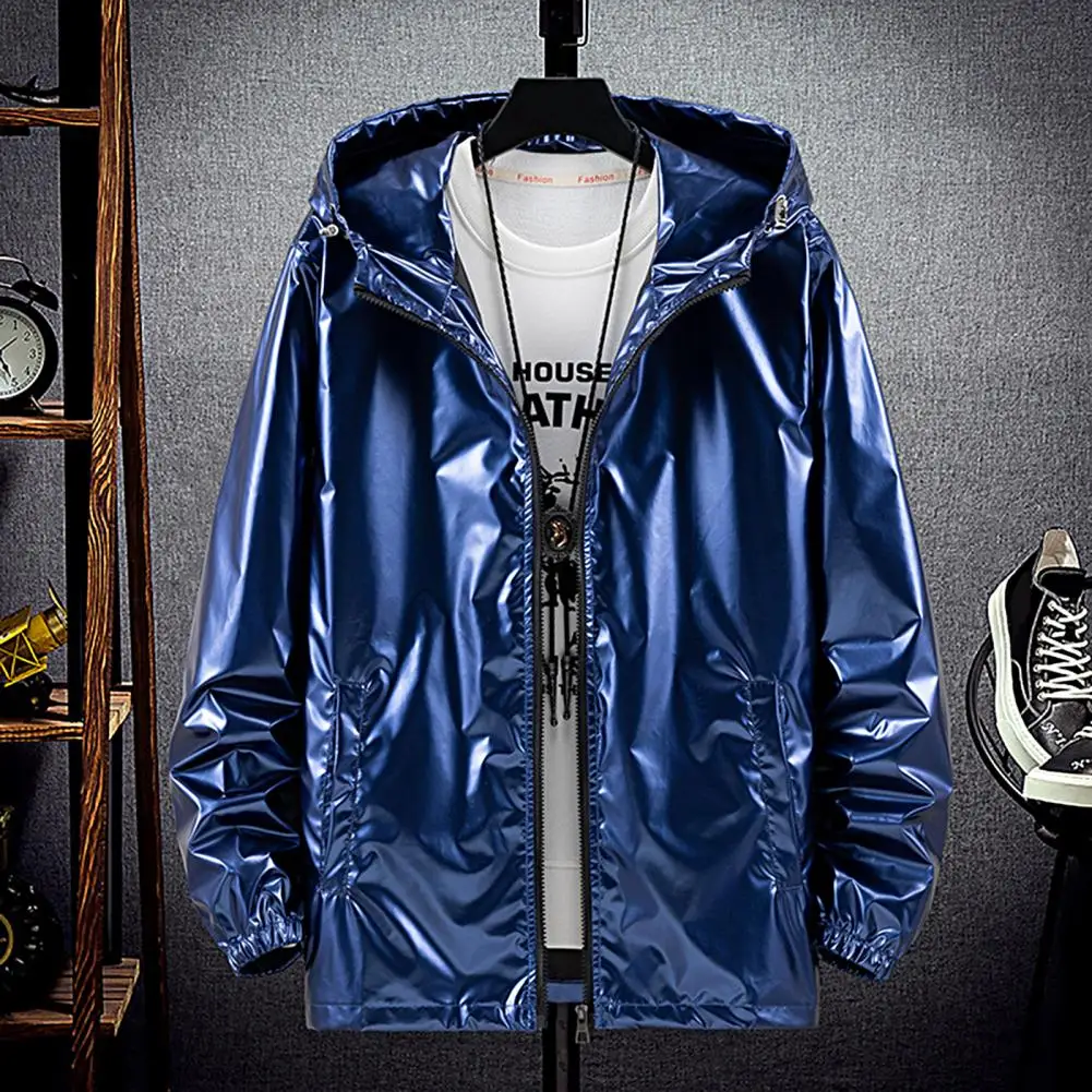 Stylish Men Jacket Cool Men Hooded Jacket Solid Color Water Resistant Hood Jacket  Streetwear