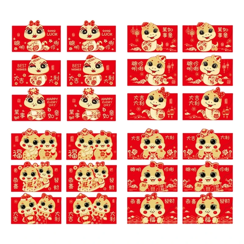 6Pcs Redness Envelopes for Traditional Spring Festival Cartoon 2025 Snake Year Money Packets Hongbao for New Year