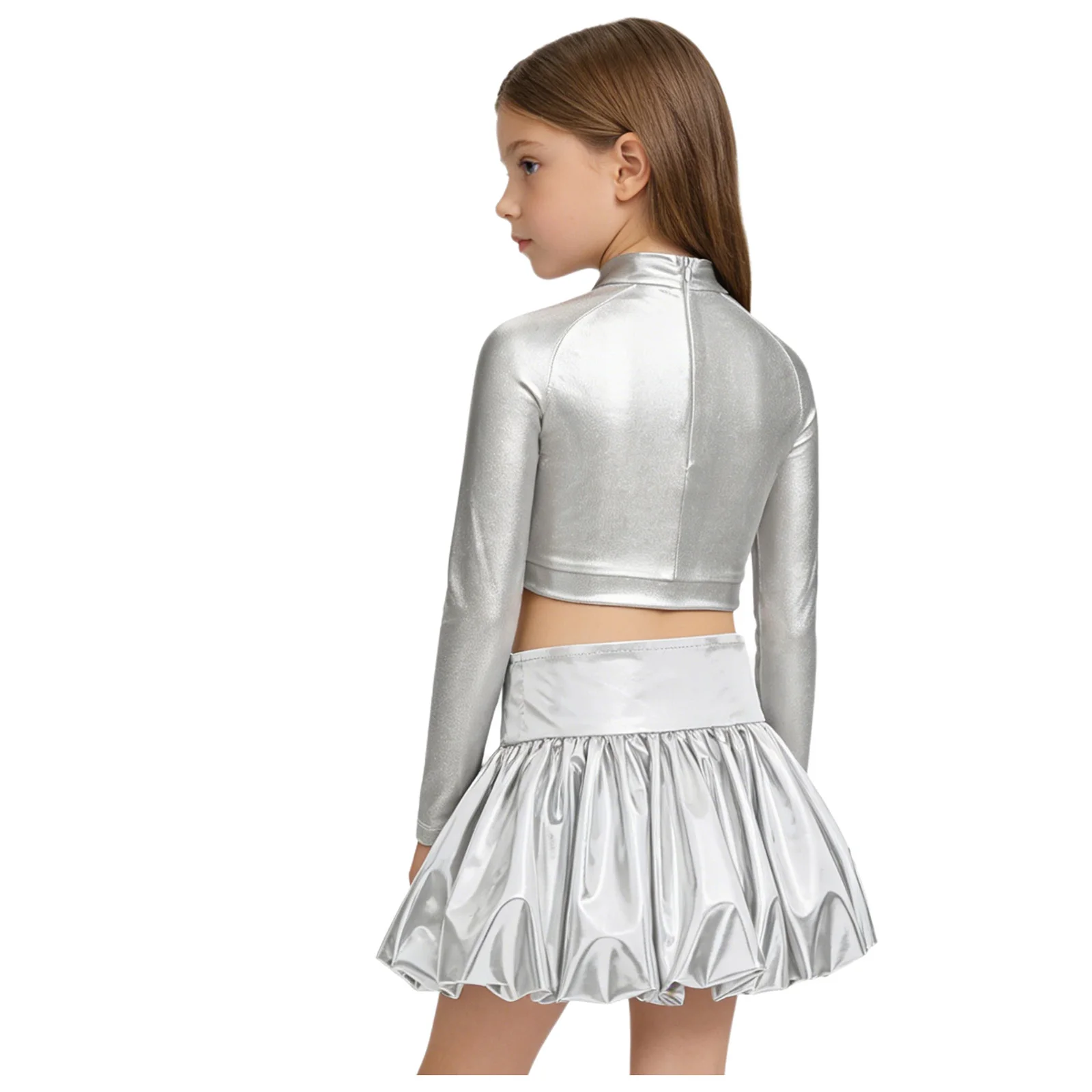 

Kids Girls Sparkly Metallic Sequin Mock Neck Crop Top Bubble Skirt Outfits for Modern Hip Hop Jazz Dance Stage Performance Show