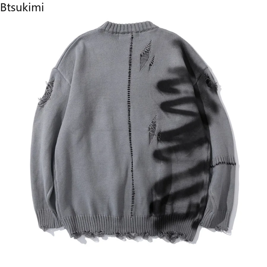 Spring Autumn Men's Graffiti Printed Round Neck Knitted Hole Ripped Sweaters Hip Hop Pullovers Fashion Casual loose knitwear