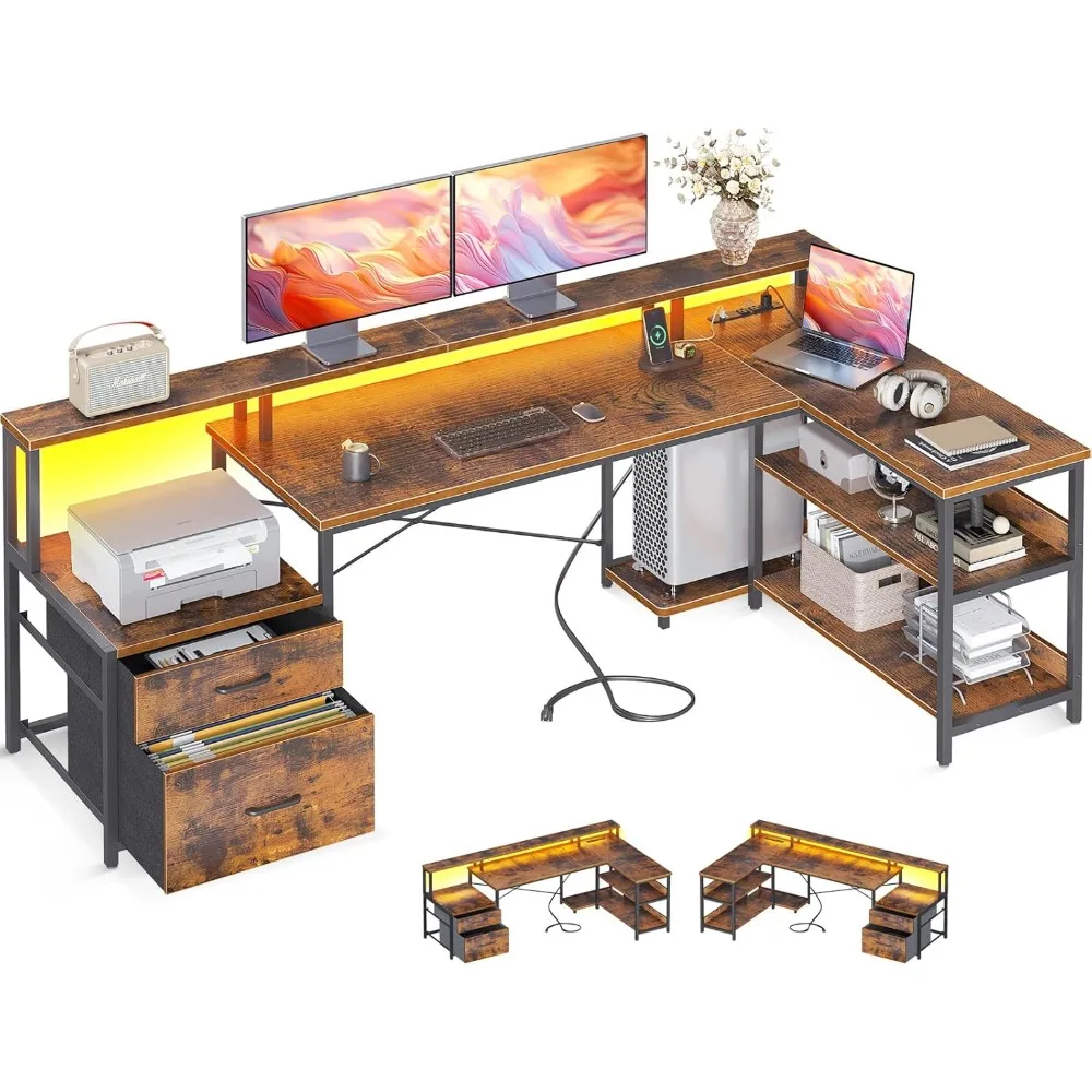 

ODK L Shaped Desk with File Drawer, 75" Reversible L Shaped Computer Desk with Power Outlet & LED Strip, Office Desk with