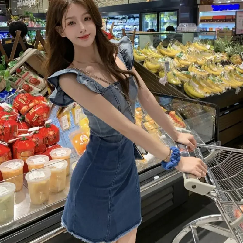 Mini denim senza maniche corto fata donna abito corsetto aderente aderente carino kawaii vestiti casual gioventù in vendita abiti per le donne