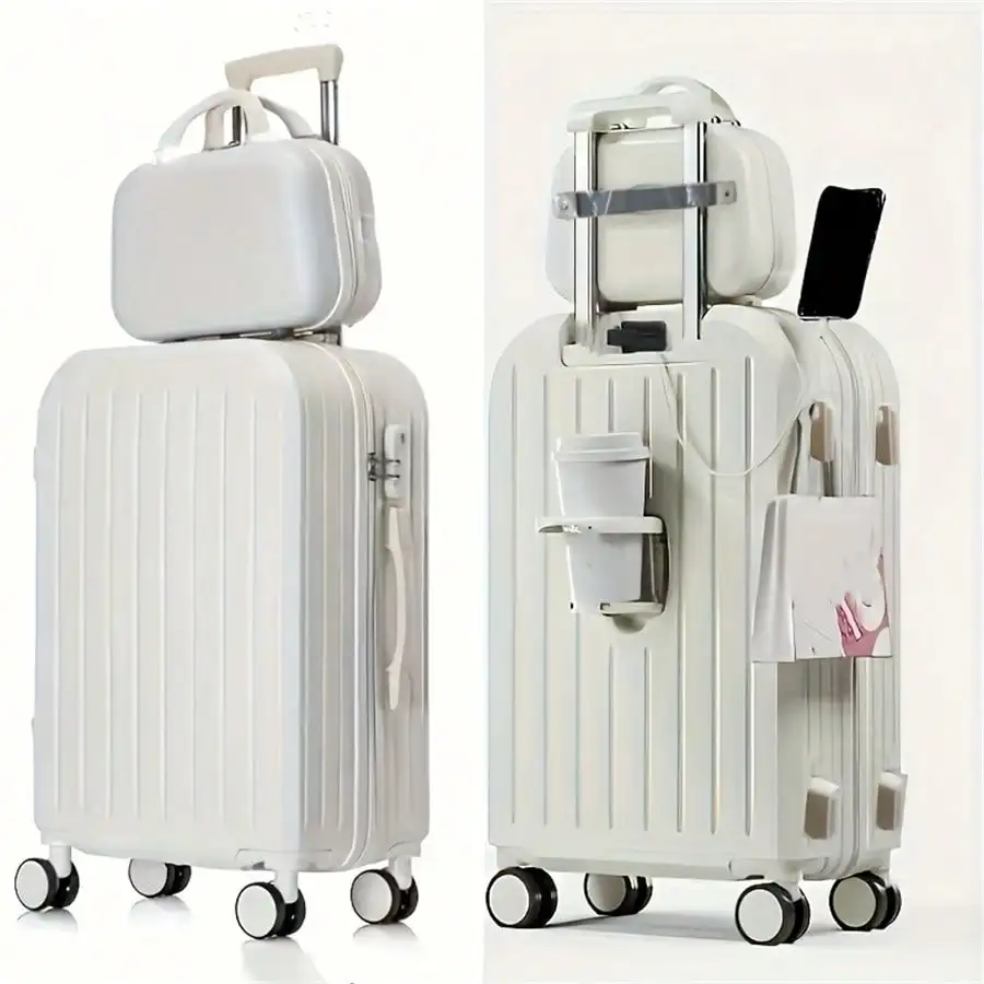 2 Pcs 20 Inch Hardside Carry On Luggage Set, Hard Shell Suitcase with Built-in Cup Holder & USB Phone Charger, 360° Spinner Wheels Trolley Suitcase, Large Capacity Airline Approved Carry-on Suitcase for Men Women, Travel Essentials for Vacation, Business