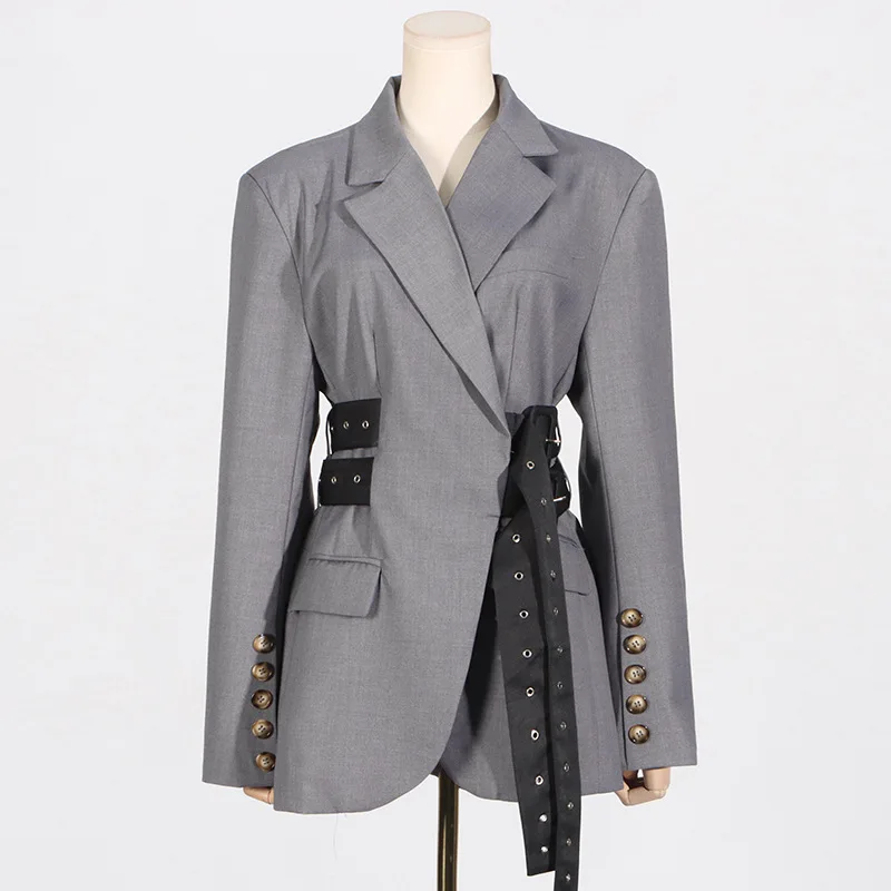 

Женский элегантный костюм с длинными рукавами, пальто, осенне-зимняя мода с завязками на талии, украшение с накладным карманом