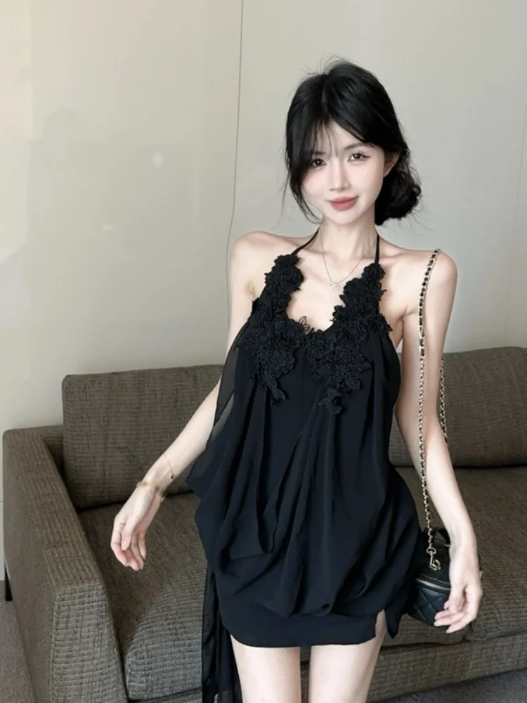 Vestido Preto Floral com Decote Costu nas Costas, Saia Solta de Chiffon para Mulheres, Saia Curta A-Line Única e Desejável