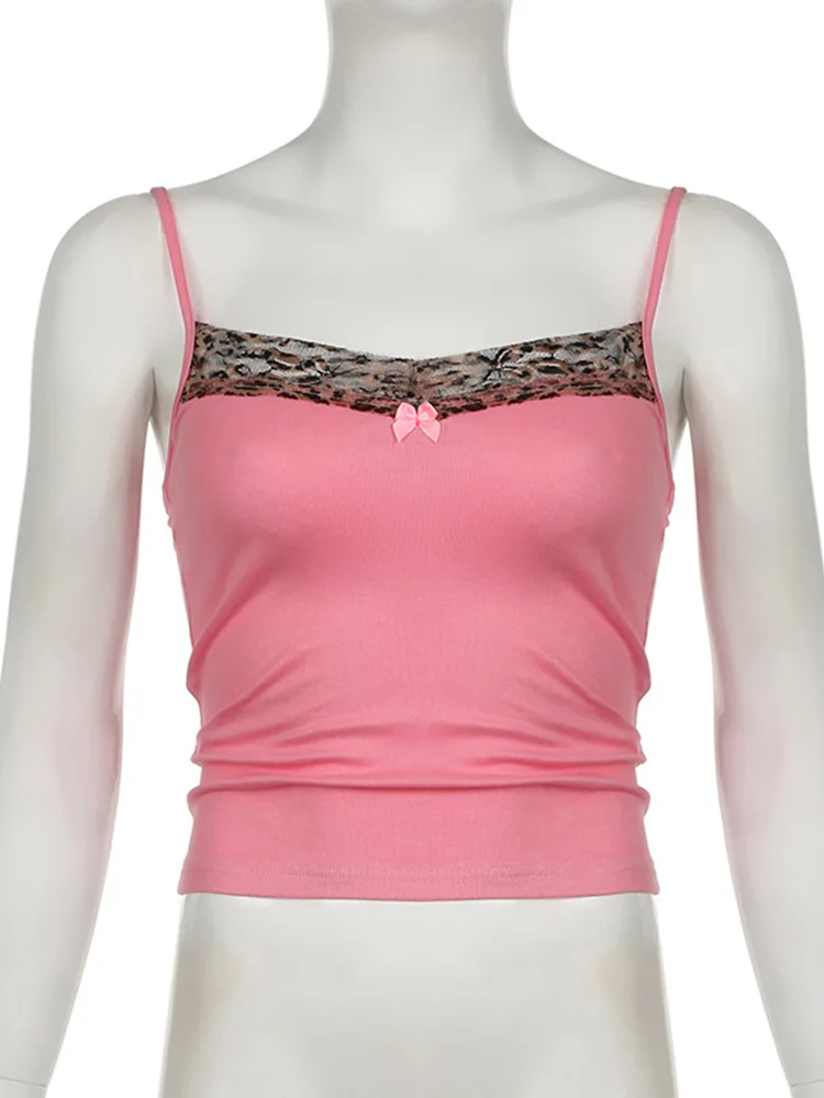 Vintage Leopard Print Stitched Crop Top Women Casual Sleeveless Cute Bow Patchwork Strap Tees y2k Summer Crop Tops Ladies image 6
