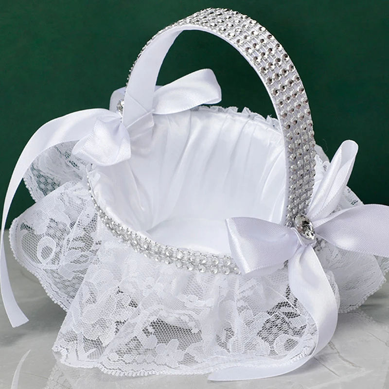 Wedding Flower Basket Bridesmaid Lace White Flower Girl Basket Vintage Rustic Wedding Ceremony Bridal Shower Table Decor image 5
