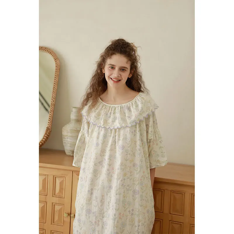 

Women Summer 100% Cotton Pajamas Dress Flower Print Loose Style Pijama O-Neck Pajamas