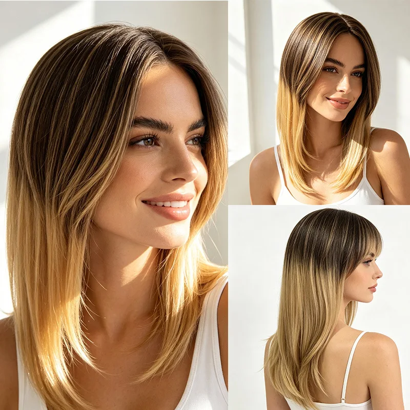Brown to golden gradient medium-length straight hair with inward curls, foreign trade wholesale, wavy bangs, women's full head w