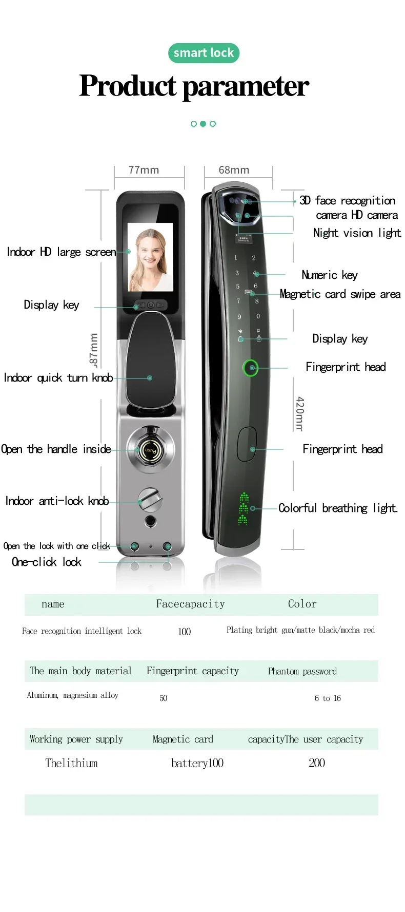 Riconoscimento facciale 3D Smart Lock APP Telecomando Password digitale Serratura elettronica intelligente per impronte digitali con fotocamera