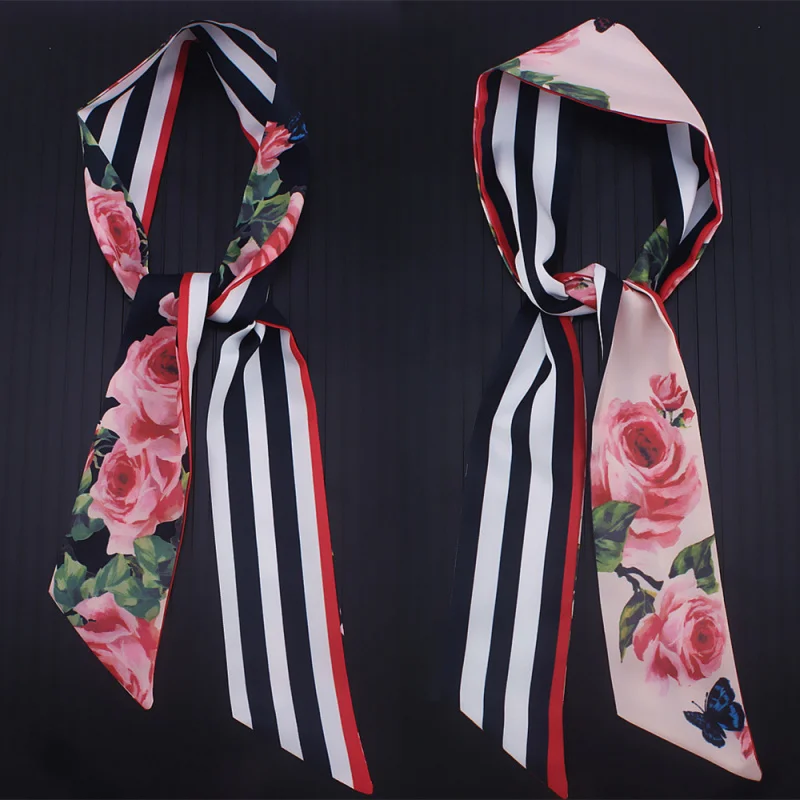 110cm * 7cm SUNBOSON Scarf New Rose Floral Striped Double-Sided Scarf Women's Tied Bag Ribbon Headband