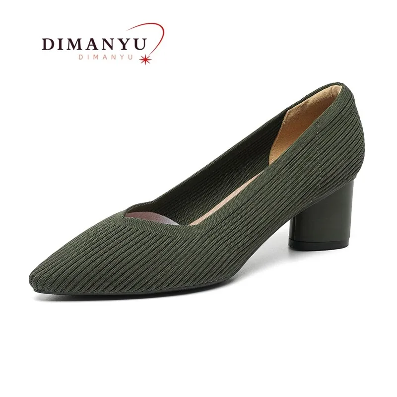 

DIMANYU High Heels Women Block Heel 2024 New Pointed Toe V Straight Dress Shoes Women Solid Color Knit Large Size Women Shoes