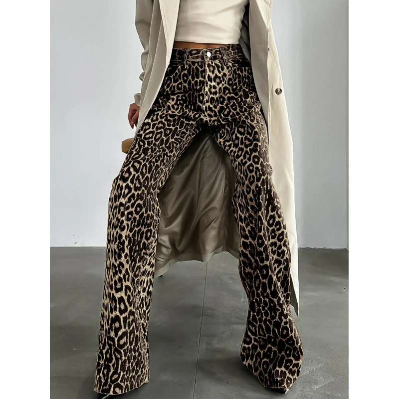 2024 estate retrò Street Style pantaloni larghi a vita bassa con stampa leopardata pantaloni larghi in cotone versatili pantaloni Casual Wome all'ingrosso