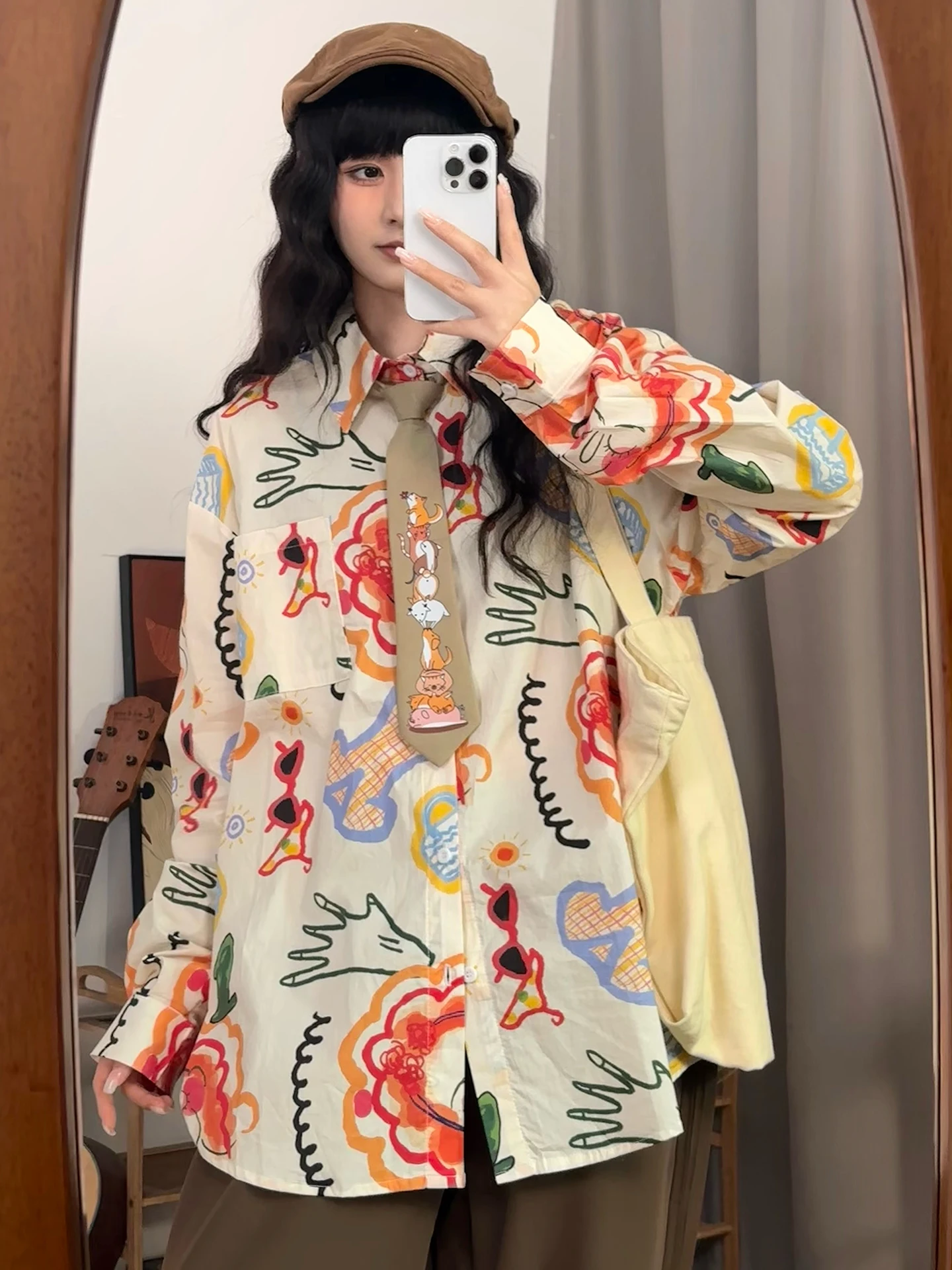 

Original Early Spring American Retro Artistic Long Sve irt Women Loose Versatile Top Street Sle Cotton Casual irt