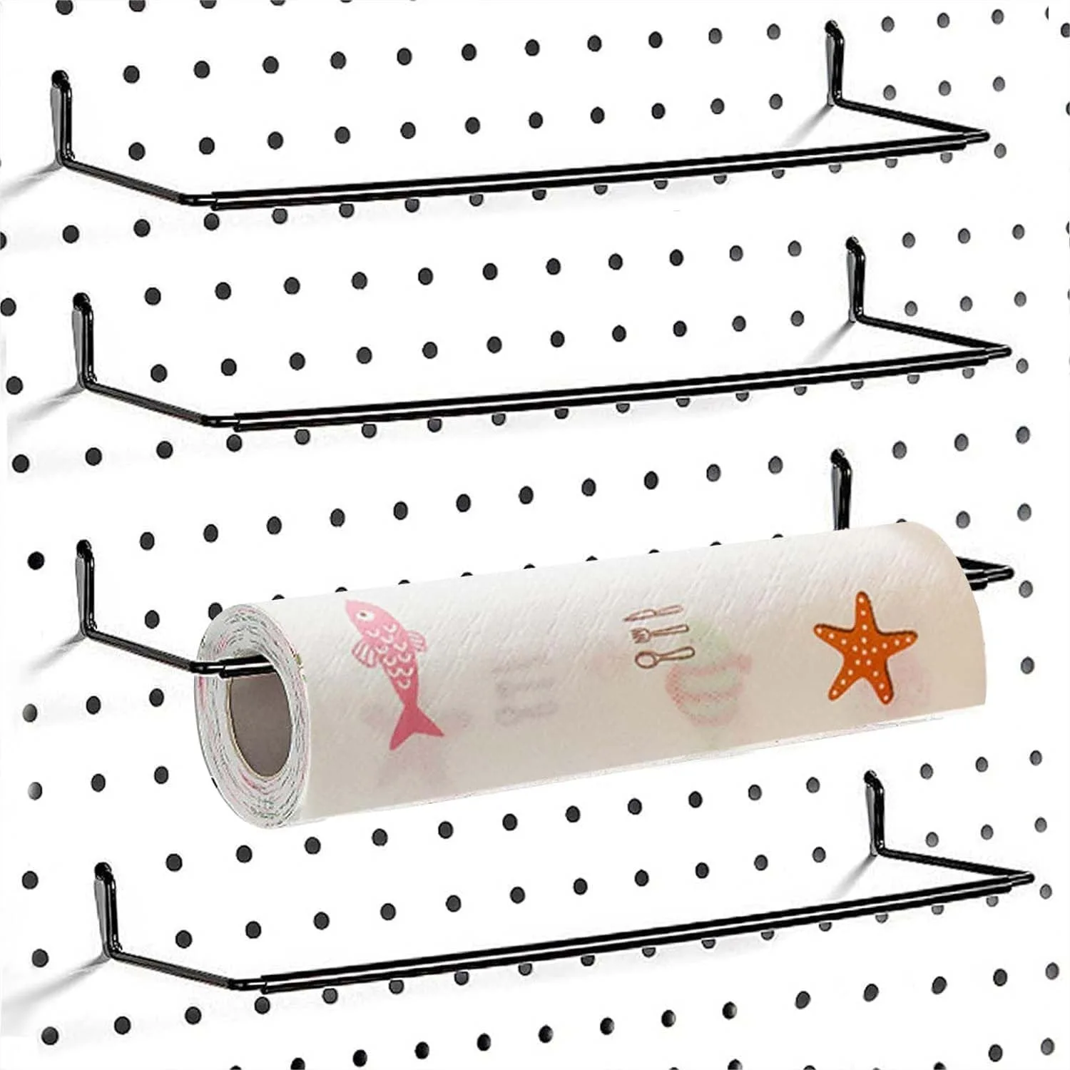 

4 Pack Pegboard Towel Holder for Paper Towels and Stickers, Adjustable Organizer for Workshop Garage Kitchen