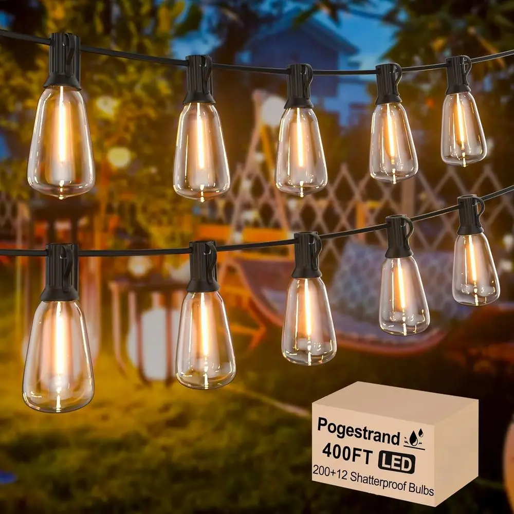 

LED Outdoor String Lights 400ft Shatterproof Patio Lights with 212 Waterproof ST38 Vintage Bulbs(12 Spare), Dimmable Outside Han