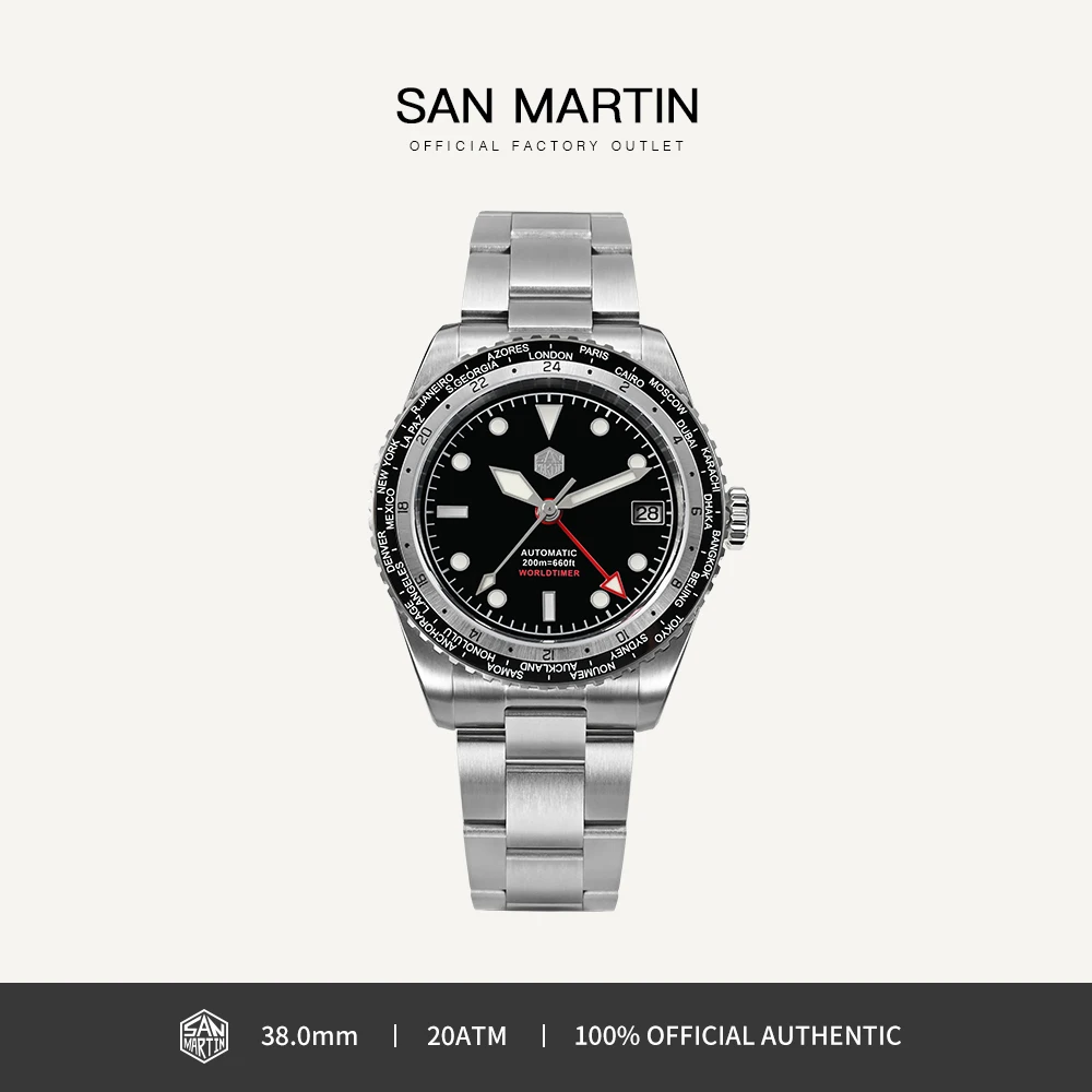 

Часы San Martin Мужские механические, дизайнерские водонепроницаемые механические наручные, 38 мм, с таймером мира, 20 бар, сапфировое стекло, SN0112