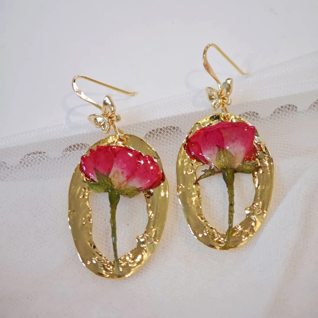 

3203 оптовая продажа, креативные серьги ручной работы с сушеными цветами розы, элегантные и изысканные украшения для ушей, художественные ретро-уши, Рождественский подарок