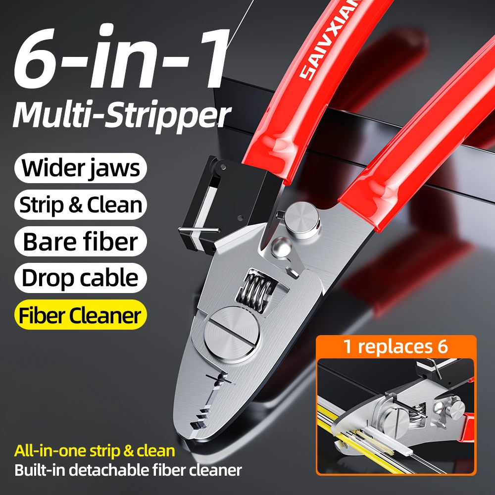 6-in-1 Multi-functional Fiber Optic Pliers Integrated Cleaning & Stripping Tool High Carbon Stainless Steel Kevlar Design