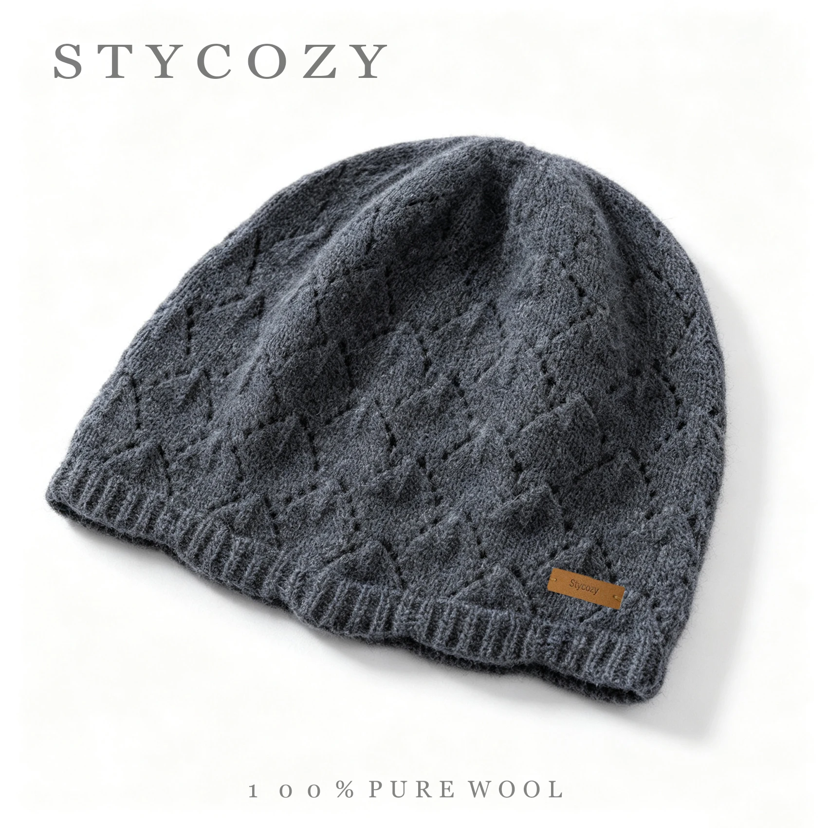 100% Wool Diamond Openwork Knit Beanies Hat Women/Men Solid Warm Knitted Skullies Winter Toque Unisex Causal Woolen Bonnet Cap